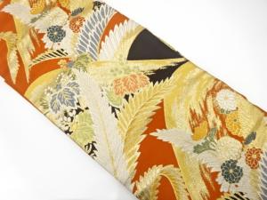 アンティーク　草葉に菊・桐模様織り出し名古屋帯（着用可）